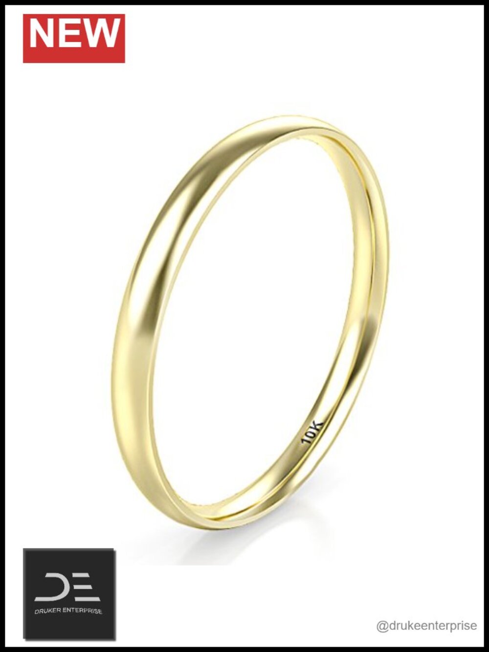 Solid 10K Gold 2MM Dome Wedding Band Ring